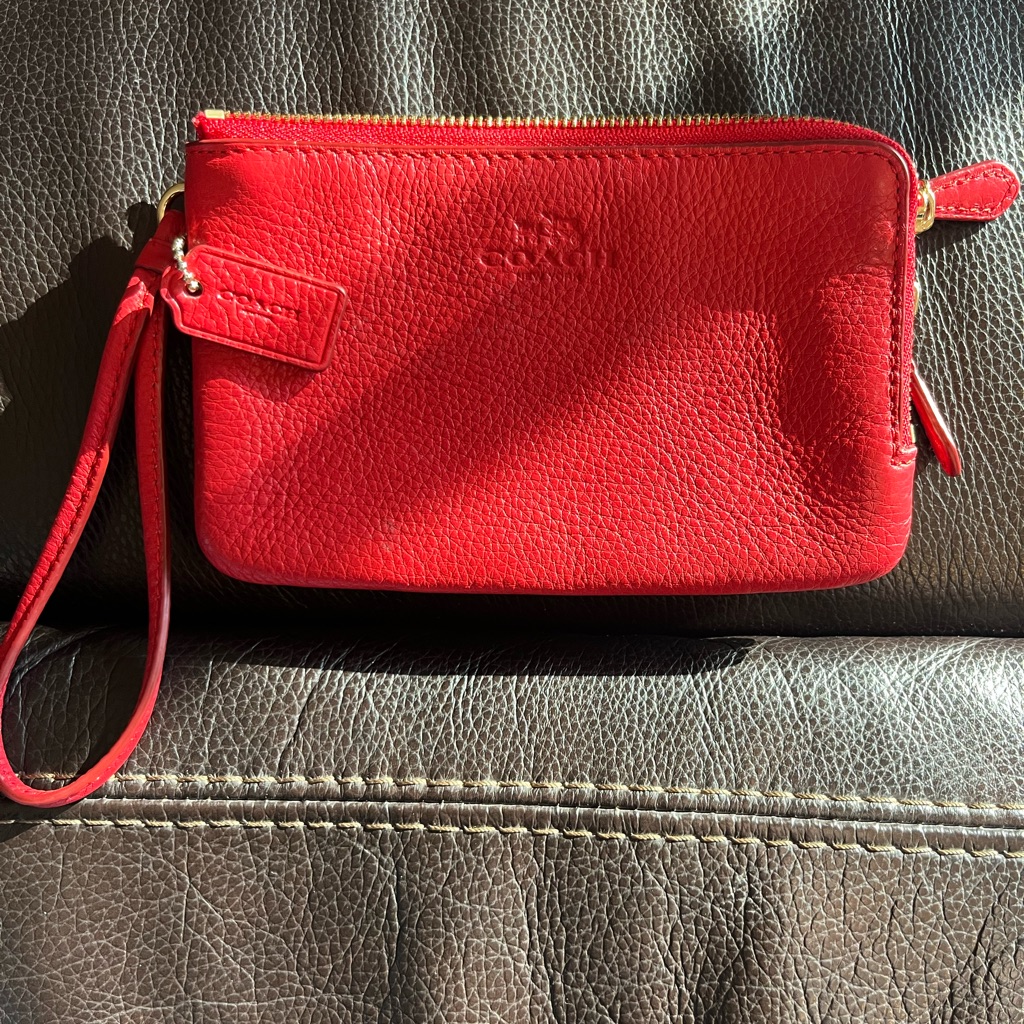 Coach Red Pebbled Leather Wristlet Clutch With Strap